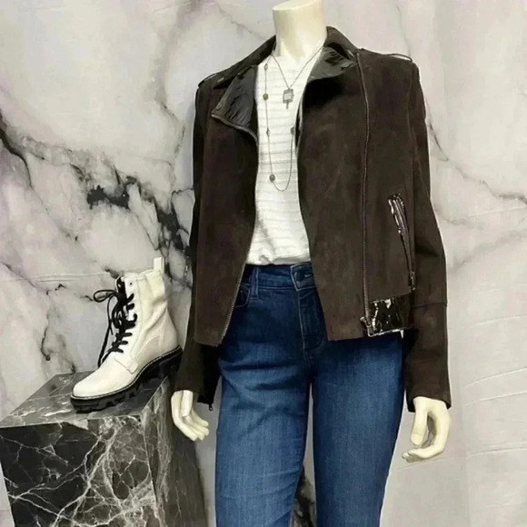 Nordstrom signature Caroline Issa LS brown patent leather and suede jacket 14 - Picture 1 of 5